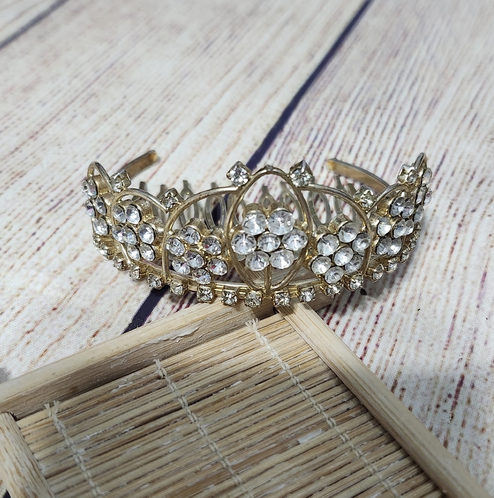 Vintage Light Gold 925 Marked Mini Tiara Rhinestone Comb